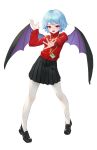  122_(misun) 1girl :d absurdres alternate_costume bat_wings black_footwear black_skirt blue_hair blush commentary fangs full_body gesture hand_up highres legs_apart long_sleeves looking_at_viewer open_mouth outstretched_arm pantyhose pleated_skirt red_eyes red_shirt remilia_scarlet shirt shoes short_hair simple_background skirt smile solo spread_fingers standing touhou turtleneck white_background white_legwear wings 