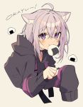  1girl ahoge animal_ear_fluff animal_ears bangs beige_background black_hoodie blush cat_girl character_name closed_mouth commentary food food_in_mouth hololive long_sleeves looking_at_viewer nekomata_okayu onigiri oshio_(dayo) purple_hair short_hair simple_background smile solo upper_body violet_eyes virtual_youtuber 