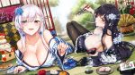  2girls arm_support azuma_(azur_lane) azur_lane bamboo bangs bare_shoulders belfast_(azur_lane) black_hair black_legwear blue_flower blue_kimono blush braid breasts chopsticks collarbone cup day earrings eating eyebrows_visible_through_hair floral_print flower food foreshortening french_braid fruit green_tea hair_between_eyes hair_flower hair_ornament hand_up highres hisasi holding holding_chopsticks indoors japanese_clothes jewelry kadomatsu kagami_mochi kimono knees_up large_breasts legs_together long_hair looking_at_viewer lying mandarin_orange mochi multiple_girls new_year off-shoulder_kimono official_art on_back on_stomach open_door open_mouth pantyhose plate reaching_out red_flower round_teeth sanbou sideboob sliding_doors smile tea teeth tongue tree violet_eyes wagashi wave_print white_flower white_hair white_kimono zouni_soup 