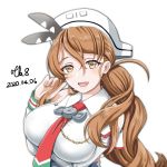  1girl brown_eyes brown_hair commentary_request detached_sleeves headdress highres kantai_collection littorio_(kantai_collection) long_hair looking_at_viewer multicolored_neckwear necktie ponytail shirt simple_background sleeveless sleeveless_shirt smile solo tk8d32 upper_body wavy_hair white_background 