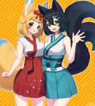  2girls :d :o ^_^ absurdres animal_ears arm_around_waist asymmetrical_docking bangs black_hair blonde_hair blue_bow blue_hair blue_hakama blush bow breast_press breasts cat_ears cat_girl cat_tail character_request closed_eyes commentary_request copyright_name cowboy_shot diagonal_stripes fish_hair_ornament fox_ears fox_girl fox_tail green_eyes hair_between_eyes hair_ornament hair_ribbon hairclip hakama highres japanese_clothes kimono looking_at_viewer medium_breasts multicolored_hair multiple_girls multiple_tails obi open_mouth orange_background red_eyes red_hakama red_ribbon ribbon sakura_chiyo_(konachi000) sash signature sleeveless sleeveless_kimono smile streaked_hair striped striped_background tail tareme two_tails virtual_youtuber waving 