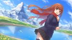  1girl black_legwear black_skirt blue_jacket blue_sky blush brown_hair cellphone clouds commentary_request day floating_hair flower fringe_trim gohei_(aoi_yuugure) grey_eyes hand_up highres holding holding_phone jacket lake long_hair long_sleeves looking_at_viewer looking_to_the_side mountain open_mouth original outdoors petals phone pleated_skirt red_scarf scarf school_uniform skirt sky solo thigh-highs upper_teeth very_long_hair water yellow_flower 