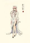  1girl arm_at_side bangs bare_legs bare_shoulders beige_background black_bow bow bow_footwear china_dress chinese_clothes closed_mouth coat crossed_legs dress fate_(series) full_body fur_coat grey_eyes high_heels highres long_dress long_hair looking_at_viewer pink_hair side_slit simple_background sleeveless sleeveless_dress smile solo standing tiara very_long_hair watson_cross white_coat white_dress white_footwear zerocastle 