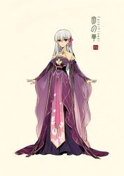  1girl bangs bare_shoulders beige_background breasts chinese_clothes closed_mouth detached_sleeves dress earrings fate_(series) frown full_body gem hair_ribbon halter_dress hanfu highres jewelry layered_sleeves long_hair long_sleeves looking_at_viewer o-ring outstretched_arms pendant purple_dress red_eyes ribbon robe sash silver_hair simple_background solo standing tassel white_hair wide_sleeves zerocastle 