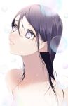  1girl bad_id bad_twitter_id blurry blurry_foreground bubble depth_of_field hair_between_eyes highres long_hair looking_up mole mole_on_neck nude original parted_lips pink_lips purple_hair sogawa solo upper_body violet_eyes wet wet_hair 