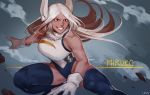  1girl animal_ear_fluff animal_ears artist_name biceps blue_legwear boku_no_hero_academia character_name commentary dark_skin english_commentary fighting_stance floating_hair fur_collar gloves grin highleg highleg_leotard leotard less long_hair looking_away mirko muscle muscular_female red_eyes sleeveless smile solo teeth thick_thighs thigh-highs thighs white_gloves white_hair 