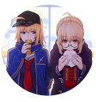  2girls ahoge artoria_pendragon_(all) bangs black-framed_eyewear black_headwear blonde_hair blue_jacket bottle braid commentary_request eating eyebrows_visible_through_hair fate/grand_order fate_(series) food glasses hair_between_eyes hair_through_headwear holding holding_bottle jacket long_hair long_sleeves mikan_(chipstar182) multiple_girls mysterious_heroine_x mysterious_heroine_x_(alter) red_scarf scarf semi-rimless_eyewear under-rim_eyewear yellow_eyes 