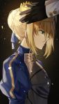  1girl absurdres ahoge armor artoria_pendragon_(all) black_gloves blonde_hair blue_ribbon braid commentary crown dress eyebrows_visible_through_hair fate/stay_night fate_(series) from_side frown gloves green_eyes hair_ribbon highres kanniepan long_sleeves ribbon saber solo_focus 