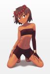  abs ajna_(indivisible) beads bike_shorts bob_cut bracelet breasts brown_eyes brown_hair closed_mouth collarbone dark_skin feet gloves hair_ornament hand_on_own_thigh indivisible jewelry kneeling looking_at_viewer navel putchers ribs sandals short_hair single_glove single_sleeve small_breasts solo strapless tubetop 