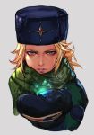  1girl alternate_costume alternate_hairstyle blonde_hair blue_coat blue_eyes blue_headwear coat cropped_torso fur_hat gloves grey_background hankuri hat ice kolin long_hair long_sleeves looking_at_viewer parted_lips scarf simple_background solo street_fighter street_fighter_v ushanka winter_clothes 