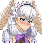  1girl blue_eyes blush braid crown_braid cslucaris embarrassed eyebrows_visible_through_hair head_wings looking_down melia silver_hair simple_background smile solo tearing_up trembling upper_body white_background xenoblade_(series) xenoblade_1 