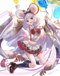  animal_ears arms_up balloon bow chromatic_aberration fake_animal_ears frilled_skirt frills granblue_fantasy highres holding_balloon kneehighs mohurine_cute mouse_ears red_eyes short_hair skirt striped striped_bow vikala_(granblue_fantasy) white_hair wide_sleeves 