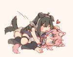  2girls ahoge anger_vein animal_ear_fluff animal_ears armband artist_request black_legwear blue_eyes blush_stickers cat_ears cat_girl cat_tail chibi closed_eyes dog_ears dog_girl dog_tail dress girls_frontline green_hair headphones heart highres jacket long_hair lying m4a1_(girls_frontline) mismatched_legwear multiple_girls necktie on_side pink_hair simple_background single_thighhigh st_ar-15_(girls_frontline) tail tail_wagging thigh-highs thigh_strap tongue tongue_out white_dress 