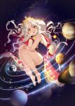  1girl asteroid bare_legs bare_shoulders barefoot choker crown earth floating_hair jeya_(leej3ya) jupiter knees_up long_hair mars mercury_(planet) original personification planet planetary_ring saturn solar_system solo space sun uranus venus white_hair yellow_eyes 