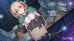  1girl belt black_footwear black_legwear blonde_hair blue_eyes book book_stack bookshelf boots breasts cape copyright_name corset dutch_angle from_above gloves green_cape hair_ribbon highres large_breasts looking_at_viewer mahito red_ribbon ribbon sitting solo thigh-highs watermark 