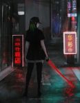  1girl aoi_ogata artist_name baseball_cap black_dress black_headwear black_legwear blurry blurry_background commission depth_of_field dress fence from_behind glowing glowing_sword glowing_weapon green_hair hat highres holding holding_sword holding_weapon katana long_hair looking_at_viewer looking_back neon_lights night original outdoors power_lines profile reflection road short_dress short_sleeves solo standing street sword telephone_pole thigh-highs translation_request weapon wooden_fence 
