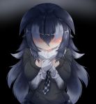  1girl absurdres animal_ears black_background black_hair breast_pocket breasts crying crying_with_eyes_open ears_down faceless faceless_female fang fang_out fur_collar gloves gradient gradient_background grey_wolf_(kemono_friends) highres kemono_friends large_breasts long_hair multicolored_hair plaid_neckwear pocket shaded_face solo tears two-tone_hair white_background white_gloves white_hair wolf_ears wolf_girl yeo_arin 