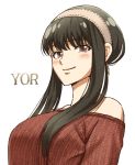  1girl absurdres bangs bare_shoulders black_hair blush breasts character_name closed_mouth edaori hairband highres large_breasts off-shoulder_sweater off_shoulder red_eyes red_sweater sidelocks simple_background smile solo spy_x_family sweater tied_hair updo upper_body white_background yoru_briar 