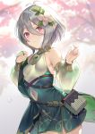  1girl antenna_hair bangs bare_shoulders blurry blurry_background blush breasts bridal_gauntlets cherry_blossoms commentary_request depth_of_field detached_sleeves dress eyebrows_behind_hair flower green_sleeves grey_hair hair_between_eyes hair_flower hair_ornament highres kokkoro_(princess_connect!) long_sleeves looking_at_viewer natasha_(pommier) parted_lips petals pointy_ears princess_connect! princess_connect!_re:dive puffy_long_sleeves puffy_sleeves red_eyes see-through see-through_sleeves sleeveless sleeveless_dress small_breasts smile solo tree_branch white_dress white_flower 