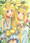  2girls absurdres alice_schuberg blonde_hair blue_dress blue_eyes braid braided_ponytail dress fcc floral_background flower hair_ornament hairband highres loli long_hair looking_at_viewer multiple_girls ponytail sword_art_online sword_art_online_alicization white_hairband 