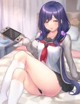  1girl ass bangs blush breasts cardigan curtains eyebrows_visible_through_hair holding kneehighs long_hair looking_at_viewer nijisanji nintendo_switch on_bed panties pillow pleated_skirt purple_hair school_uniform serafuku shizuka_rin sitting skirt skysign_ft sleeves_past_wrists solo stuffed_toy table underwear very_long_hair virtual_youtuber white_legwear white_panties yellow_eyes 