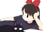  1girl animal arm_support black_eyes black_hair bow cat dokan_(dkn) hair_bow head_rest jiji_(majo_no_takkyuubin) kiki lying majo_no_takkyuubin on_side white_background 