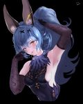  1girl absurdres animal_ear_fluff animal_ears arm_up armpits bangs bare_shoulders black_background black_dress black_gloves blush breasts brown_eyes closed_mouth commentary_request covered_navel dress earrings elbow_gloves erune ferry_(granblue_fantasy) gloves granblue_fantasy hair_ornament hair_tie highres jewelry long_hair looking_at_viewer medium_breasts mouth_hold ponytail sideboob signature simple_background sleeveless sleeveless_dress solo star tying_hair x_hair_ornament youximiaomiao 