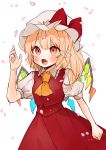  1girl ascot bangs blonde_hair blush bow cowboy_shot eyebrows_visible_through_hair fang flandre_scarlet frilled_shirt_collar frills gotoh510 hand_up hat hat_bow highres long_hair mob_cap open_mouth petals pointy_ears puffy_short_sleeves puffy_sleeves red_bow red_eyes red_skirt red_vest shirt short_sleeves simple_background skirt skirt_set solo standing touhou vest white_background white_headwear white_shirt wings yellow_neckwear 