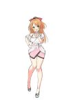  1girl :o asa_no_ha bow full_body green_eyes hair_bow hand_on_hip hand_up highres jewelry long_hair necklace official_art orange_hair pink_skirt shirt skirt solo white_background white_footwear white_shirt 