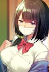  1girl black_hair blanket blue_eyes bow bowtie breasts commentary eyebrows_visible_through_hair hair_ornament hair_scrunchie hassu indoors large_breasts long_hair low_tied_hair mask mouth_mask niyasuke_(yama) portrait red_neckwear school_uniform scrunchie solo ssss.gridman surgical_mask 