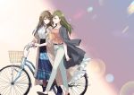  2girls arm_holding bicycle black_footwear blue_skirt braid brown_hair casual commentary_request earrings floating_hair green_hair ground_vehicle hair_down idolmaster idolmaster_shiny_colors jacket_on_shoulders jewelry kuwayama_chiyuki lens_flare light_smile long_hair long_jacket long_skirt looking_at_another multiple_girls nanakusa_hazuki necklace pants profile romi_(346_ura) shoes side-by-side skirt sleeves_pushed_up yuri 