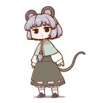  1girl :&lt; @_@ animal_ears black_eyes black_footwear blue_capelet capelet closed_mouth dress full_body grey_dress grey_hair jewelry long_sleeves looking_at_viewer mouse_ears mouse_tail nazrin pendant poronegi shoes short_hair simple_background socks solo standing tail touhou white_background white_legwear 