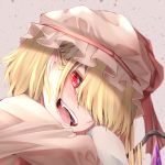  1girl :d blonde_hair commentary_request crystal fall_dommmmmer fangs flandre_scarlet grey_background hair_over_one_eye hat long_hair mob_cap open_mouth pink_headwear pointy_ears red_eyes simple_background smile solo teeth touhou upper_body wings 