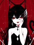  1girl :d animal_ears artist_name bangs bare_arms bare_shoulders black_choker black_dress black_hair cat_ears choker collarbone commentary cross cross_choker dress hair_between_eyes hand_up highres looking_at_viewer nail_polish open_mouth original red_background red_eyes red_nails sheya signature simple_background smile solo strapless strapless_dress symbol_commentary upper_body 