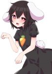  1girl :3 animal_ears black_dress black_hair blush bright_pupils bunny_tail carrot_necklace commentary_request dress fang highres inaba_tewi looking_at_viewer open_mouth paw_pose puffy_short_sleeves puffy_sleeves rabbit_ears red_eyes short_hair short_sleeves simple_background smile solo tail touhou tsukimirin uneven_eyes white_background 