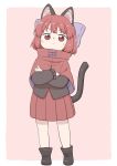  1girl :&lt; animal_ears black_footwear blush boots border bow capelet cat_ears cat_tail closed_mouth commentary crossed_arms eyebrows_visible_through_hair full_body hair_bow kemonomimi_mode long_sleeves looking_at_viewer pink_background pleated_skirt poronegi purple_bow red_capelet red_eyes red_skirt redhead sekibanki short_hair simple_background skirt solo tail tail_raised touhou white_border younger 