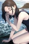 1girl bare_shoulders black_hair blurry blurry_background closed_eyes closed_mouth dripping fingernails highres kneeling litra_(ltr0312) medium_hair ocean original outdoors partially_submerged pink_lips rock solo swimsuit water wet 