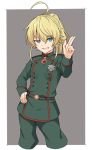  1girl ahoge bangs blonde_hair blue_eyes commentary_request eyebrows_visible_through_hair grey_background grin hair_between_eyes long_sleeves looking_at_viewer medium_hair military military_uniform ponytail shiseki_hirame simple_background smile solo tanya_degurechaff uniform white_background youjo_senki 