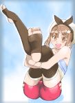  1girl ass atelier_(series) atelier_ryza blush brown_eyes brown_hair graphite_(medium) hair_ornament hairclip hat looking_at_viewer millipen_(medium) onnaski open_mouth red_shorts reisalin_stout short_hair short_shorts shorts simple_background smile solo thigh-highs thighs traditional_media white_headwear 