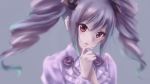 1girl blouse blurry_foreground drill_hair eyebrows_visible_through_hair frilled_blouse grey_background hair_ornament highres idolmaster idolmaster_cinderella_girls ishita_teru kanzaki_ranko long_eyelashes long_hair looking_at_viewer open_mouth red_eyes signature silver_hair simple_background solo twin_drills 