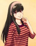  1girl arm_at_side bangs black_hair blush breasts closed_mouth edaori hairband hand_up large_breasts long_hair long_sleeves looking_at_viewer red_eyes shirt sidelocks smile solo spy_x_family striped striped_shirt t-shirt upper_body yellow_background yoru_briar 
