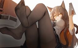  1girl animal_ears arknights ass black-framed_eyewear black_skirt book breasts brown_hair brown_legwear cat_ears cat_girl cat_tail coat ear_piercing feet glasses hair_between_eyes highres holding legs_up long_hair long_sleeves looking_at_viewer medium_breasts miniskirt muike necktie open_mouth orange_eyes pantyhose piercing shirt simple_background skirt skyfire_(arknights) solo tail white_background white_shirt 