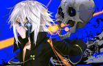  1boy aura bare_chest black_gloves blue_background blue_eyes closed_mouth crack crossed_arms eyepatch floating frown gloves hair_between_eyes highres lens_flare open_mouth original skull upper_body white_hair xuefei_(snowdrop) 