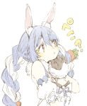  1girl :&lt; abara_heiki animal_ear_fluff animal_ears arm_cuffs black_gloves braid breasts bunnysuit carrot_hair_ornament dress eyebrows_visible_through_hair food_themed_hair_ornament fur-trimmed_gloves fur_scarf fur_trim gloves hair_between_eyes hair_ornament hololive light_blue_hair long_hair multicolored_hair rabbit_ears red_eyes simple_background small_breasts solo thick_eyebrows traditional_media twin_braids twintails two-tone_hair upper_body usada_pekora virtual_youtuber white_background white_dress white_hair 