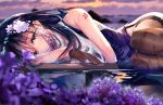  1girl azuma_(azur_lane) azuma_(soft_voice_of_spring)_(azur_lane) azur_lane bare_shoulders black_gloves black_hair black_legwear blush breasts china_dress chinese_clothes clouds dress eyebrows_visible_through_hair fallen_heaven flower gloves hair_between_eyes hair_flower hair_ornament large_breasts long_hair looking_at_viewer lying on_side pantyhose purple_sky see-through solo thigh-highs very_long_hair wet wet_clothes white_flower 