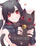  1girl akizone animal animal_ears bell black_hair blush cat cat_ears cat_tail commission eyebrows_visible_through_hair final_fantasy final_fantasy_xiv grin heart highres holding holding_animal looking_at_viewer miqo&#039;te parted_lips red_eyes short_hair smile solo tail upper_body 