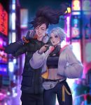  1boy 1girl arm_up bead_bracelet beads blue_eyes blurry blurry_background blush bracelet brown_hair closed_eyes collarbone eyebrows_visible_through_hair eyes_visible_through_hair fingernails floating_hair hand_in_pocket headphones headphones_around_neck highres hood hood_down hoodie jacket jewelry kezi league_of_legends light_blush long_hair navel neon_trim open_bag open_eyes outdoors parted_lips pink_lips pointing ponytail pouch riven_(league_of_legends) short_hair signature silver_hair smile standing talking teeth tongue turtleneck upper_teeth white_hoodie yasuo_(league_of_legends) zipper zipper_pull_tab 