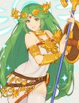 1girl armlet bare_shoulders belt belt_buckle breasts buckle circlet collar collarbone commentary_request cowboy_shot cute dress fingernails goddess green_eyes green_hair halo highres holding holding_staff jewelry jivke kid_icarus lips long_hair looking_at_viewer nintendo nintendo_ead palutena palutena_no_kagami shield sidelocks signature smile solo sora_(company) sparkle staff strapless strapless_dress thigh-highs vambraces very_long_hair white_dress white_legwear 