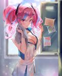  1girl azur_lane bangs bare_shoulders bow breasts bremerton_(azur_lane) bremerton_(scorching-hot_training)_(azur_lane) commentary crop_top crop_top_overhang drying eyebrows_visible_through_hair grey_hair hair_between_eyes hair_bow hair_ornament hairclip heart heart_necklace ice_(ice_aptx) indoors large_breasts light_particles locker locker_room long_hair multicolored_hair no_mole parted_lips pink_hair solo sportswear streaked_hair tennis_uniform twintails two-tone_hair two-tone_shirt two-tone_skirt x_hair_ornament 