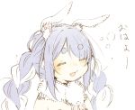  1girl =_= abara_heiki animal_ear_fluff animal_ears braid closed_eyes eyebrows_visible_through_hair fur_scarf hololive light_blue_hair long_hair multicolored_hair open_mouth rabbit_ears simple_background sleepy solo thick_eyebrows twin_braids twintails two-tone_hair upper_body usada_pekora virtual_youtuber waking_up white_background white_hair 